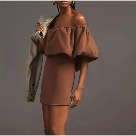 Anthropologie Nikita Mhaisalkar Off-The-Shoulder Bubble Brown Mini Dress Size L - Picture 1 of 14